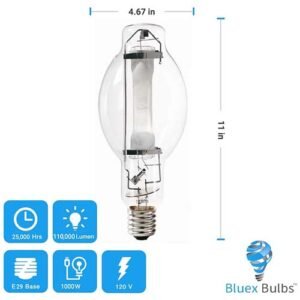 1000W Metal Halide Bulbs - BlueX Bulbs MH1000/U/BT37 1000W Metal Halide Bulbs – Mogul Base E39, BT37 Clear M47 HID Lamps, 110,000 Lumens, 4000K 2-Pack - Bluex Bulbs 1000 watt metal halide light 4000K
