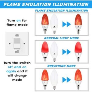 Flame Bulb LED Red Fire Bulbs - E12 Flame Bulb LED Red Fire Bulbs - Decorative Flickering Bulbs 3 Mode 3W Candelabra Candle Red Light Bulb for Chandelier Vintage Lighting Halloween Bulbs, Hotel, Party - 2 Pack - Bluex Bulbs Flame Bulb LED Red Fire Bulbs