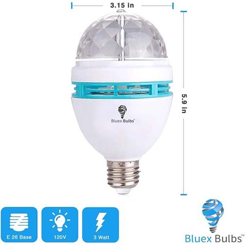 BlueX Bulbs RGB Rotating LED Party Light Bulbs – E26 Base, Color Changing Multi-Color Strobe Bulbs for Disco, Stage, Club, Bar, Birthday & Photography Lighting (4-Pack)
