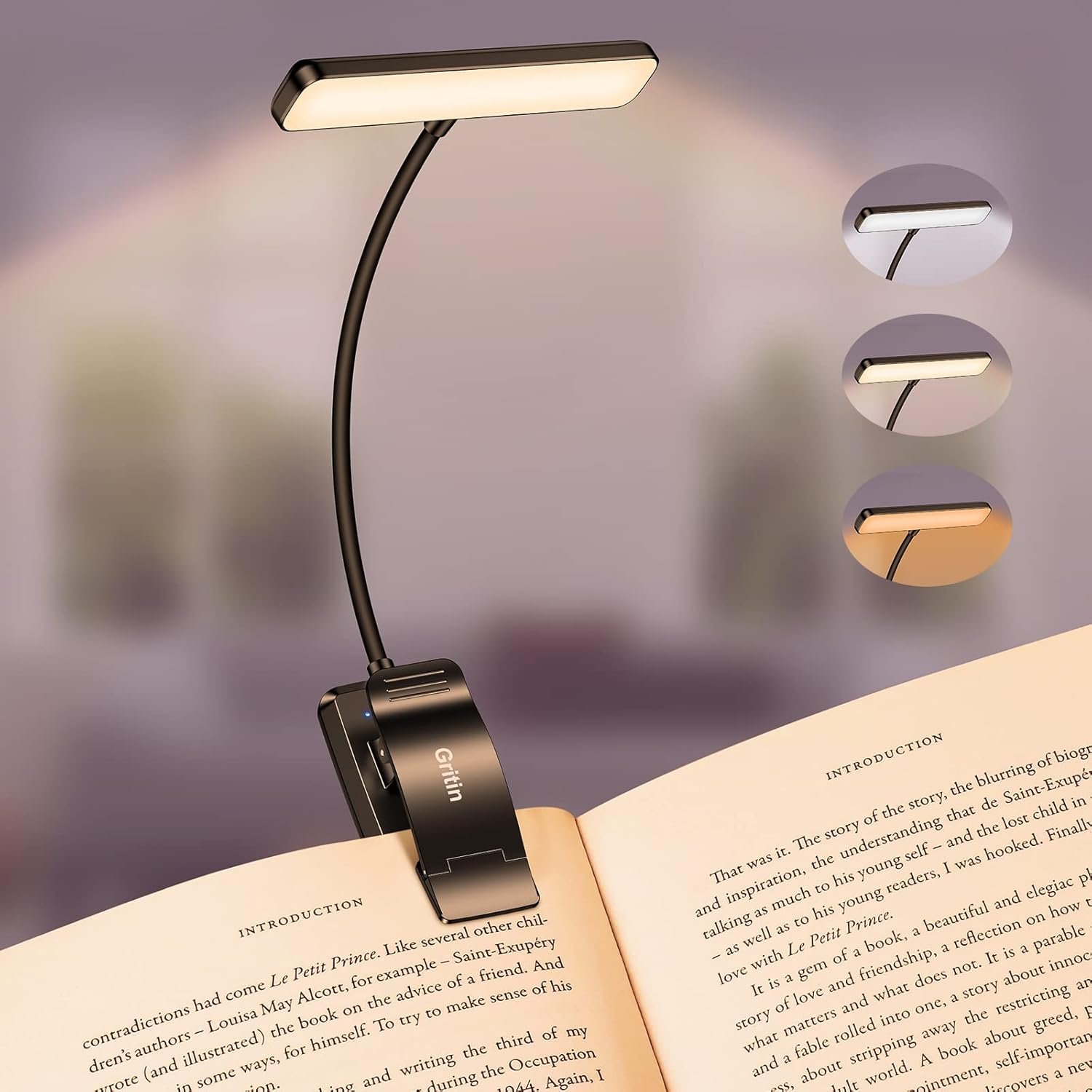 Gritin 19 LED Rechargeable Book Light for Reading in Bed with Memory Function- Eye Caring 3 Color Temperatures,Stepless Dimming Brightness,90 Hrs Runtime Lightweight Clip on Light for Book Lovers - Image 2