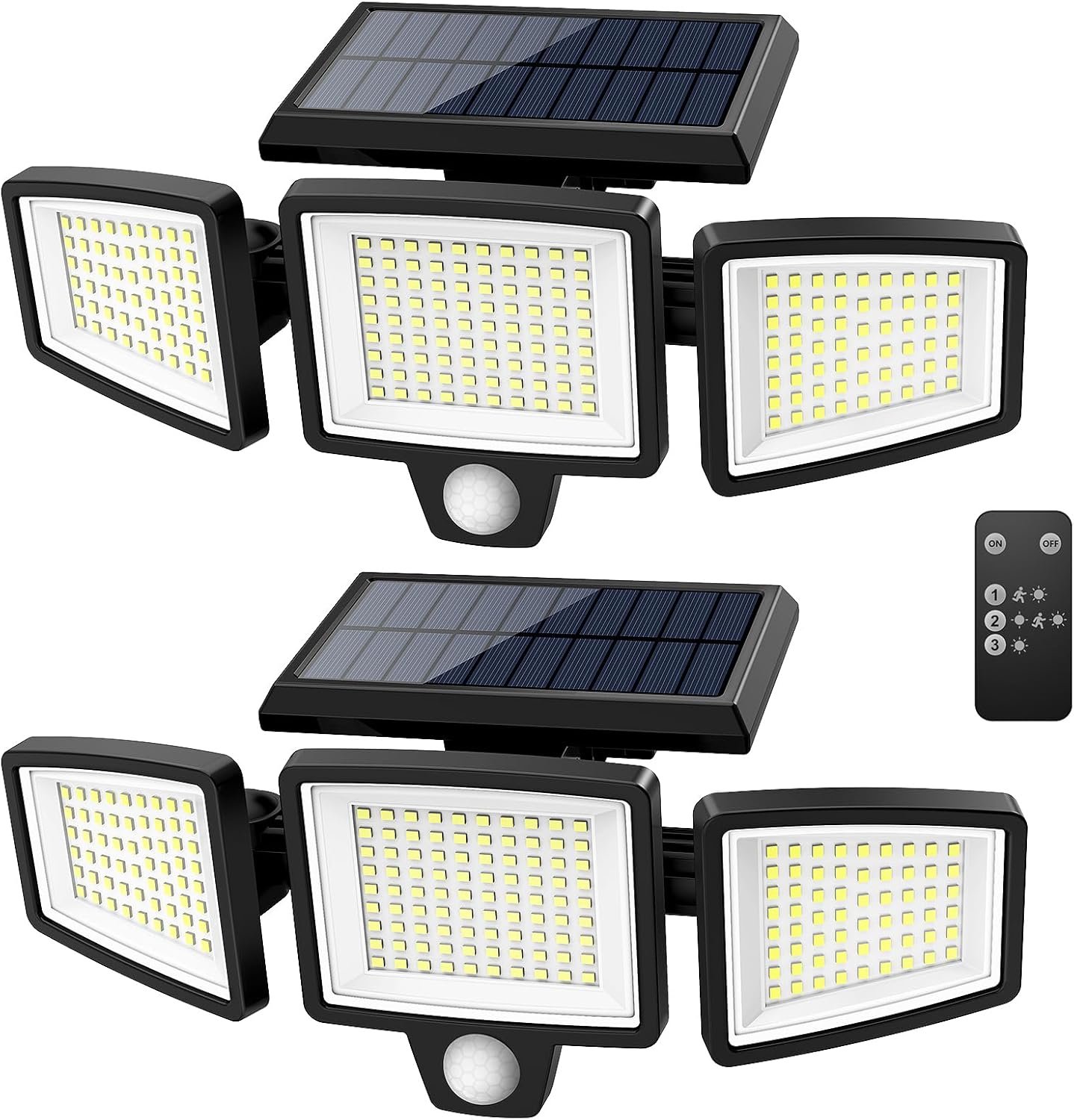 Tuffenough Solar Outdoor Lights 2500LM 210 LED Security Lights with Remote Control,3 Heads Motion Sensor Lights, IP65 Waterproof,270° Wide Angle Flood Wall Lights with 3 Modes(2 Packs) - Image 2