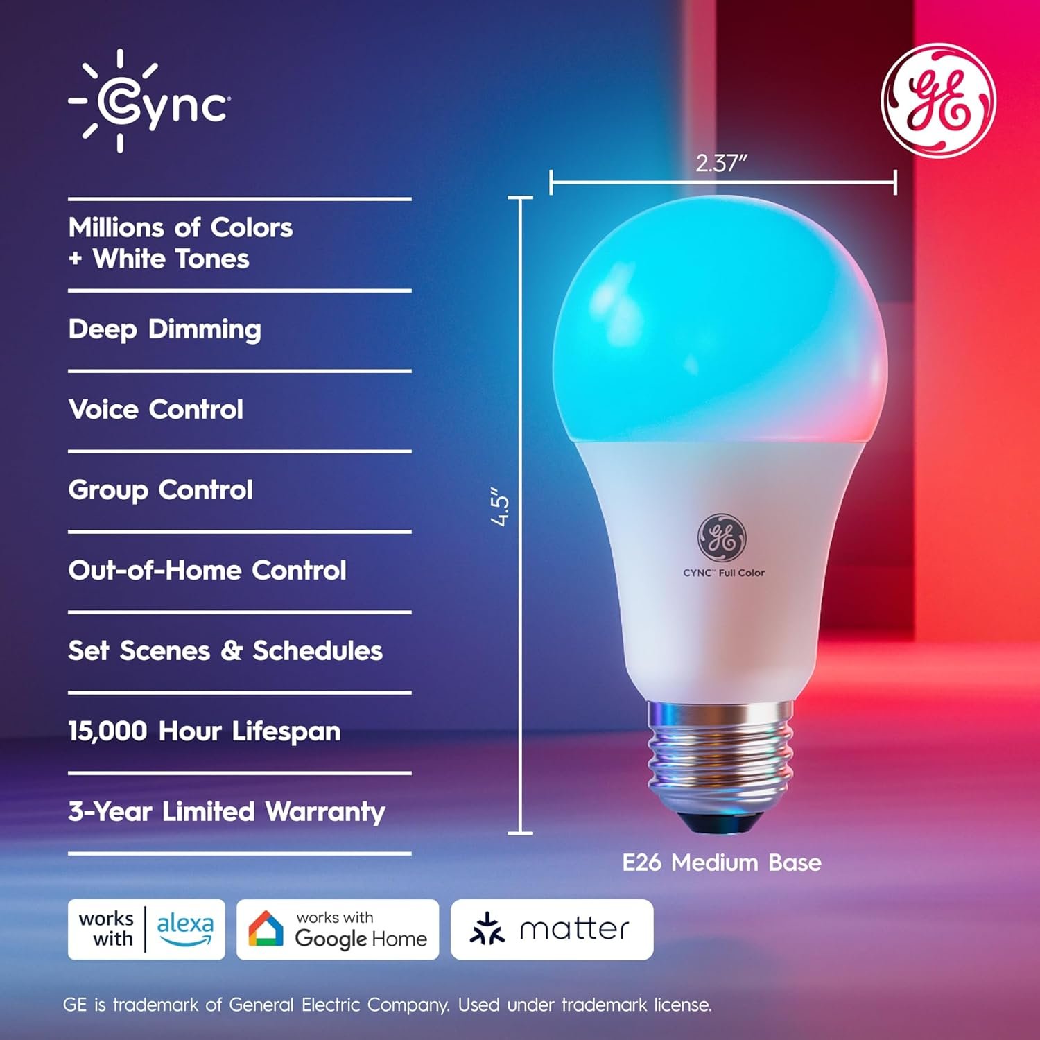 Cync GE A19 LED Smart Light Bulbs, Room Decor Aesthetic Bluetooth and WiFi Color Changing Lights, LED Indoor Light Bulb, Compatible with Alexa and Google (2 Pack) - Image 3