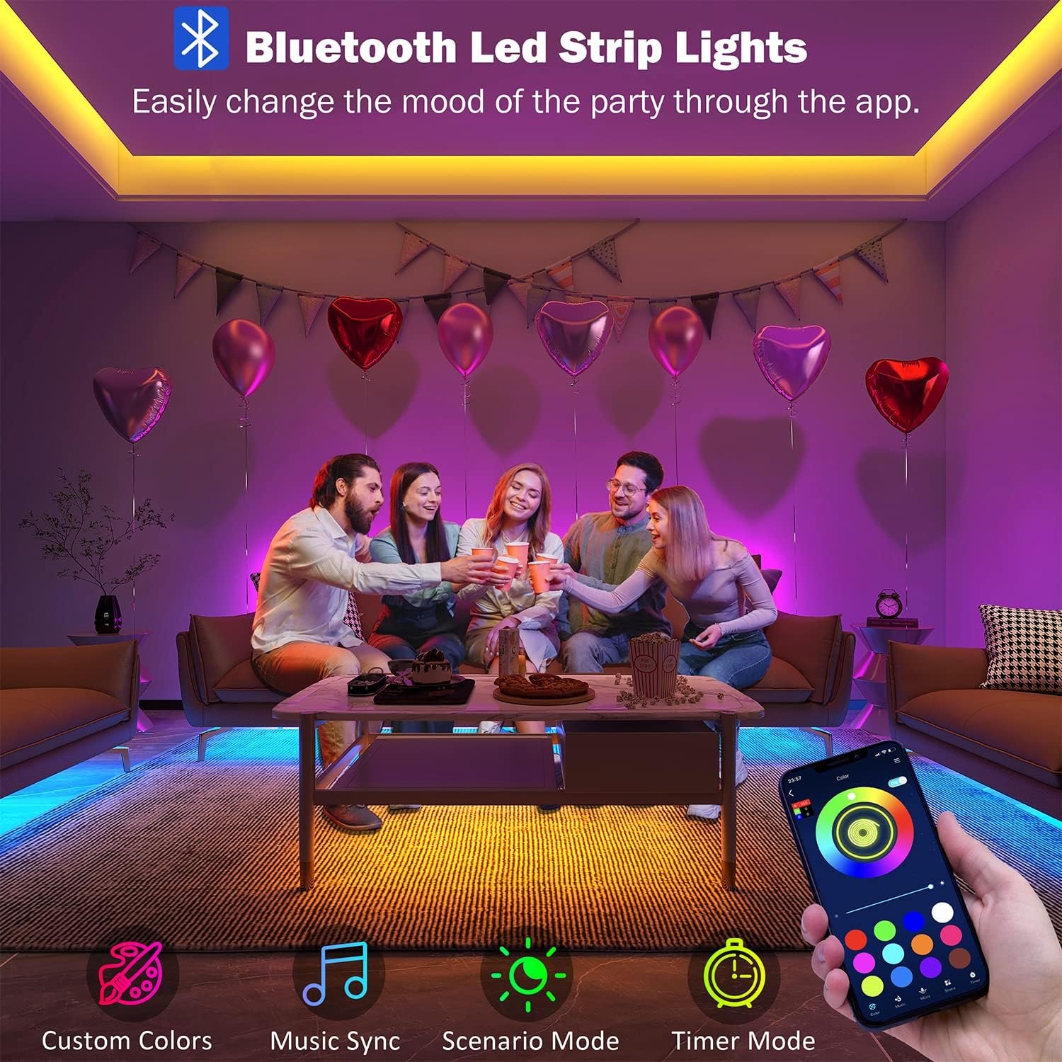 Leeleberd Led Lights for Bedroom 100 ft (2 Rolls of 50ft) Music Sync Color Changing RGB Led Strip Lights with Remote App Control Bluetooth Led Strip, Lights for Room Home Kitchen Party Decor - Image 3