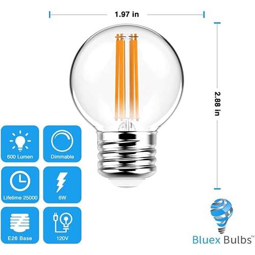 BlueX Bulbs G16.5 LED Globe Light Bulbs – 6W (60W Equivalent), 2700K Warm White, E26 Base, 120V Short Light Bulbs for Bedroom, Kitchen, Vanity, Pendant Fixtures & Chandeliers (6-Pack)