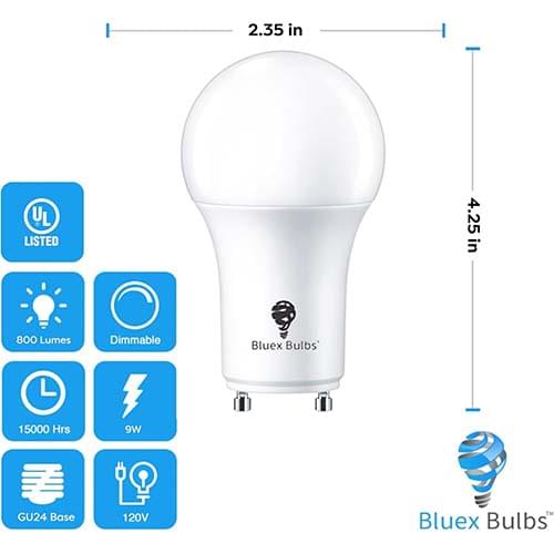 BlueX Bulbs GU24 LED Light Bulbs – 8W (60W Equivalent), 800 Lumens, 3000K Warm White, Dimmable A19 LED Bulbs, Twist-and-Lock 2-Prong Base, CFL Replacement, 120V (4-Pack)