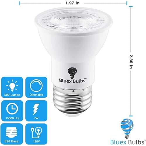 BlueX Bulbs PAR16 LED Bulbs – 7W (75W Equivalent), Long Neck, 500 Lumens, 4000K Cool White, Dimmable E26 Base LED Spotlight Bulbs for Track Lighting & Flood Applications (6-Pack)