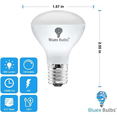 BlueX Bulbs R14 LED Mini Reflector Bulbs– 4W (40W Equivalent), E17 Intermediate Base, Dimmable Mini Reflector Floodlight Bulbs, 2700K Warm White for Curio Cabinets, Display & Accent Lighting (4-Pack)